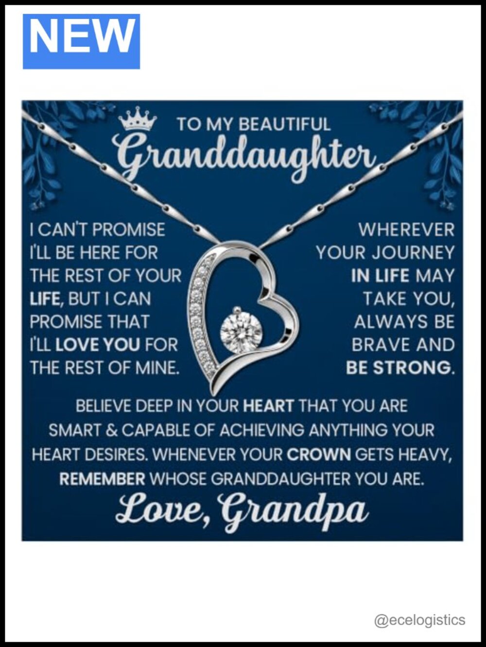 Granddaughter Necklace from Grandpa Heart Pendant CZ White Gold Plated